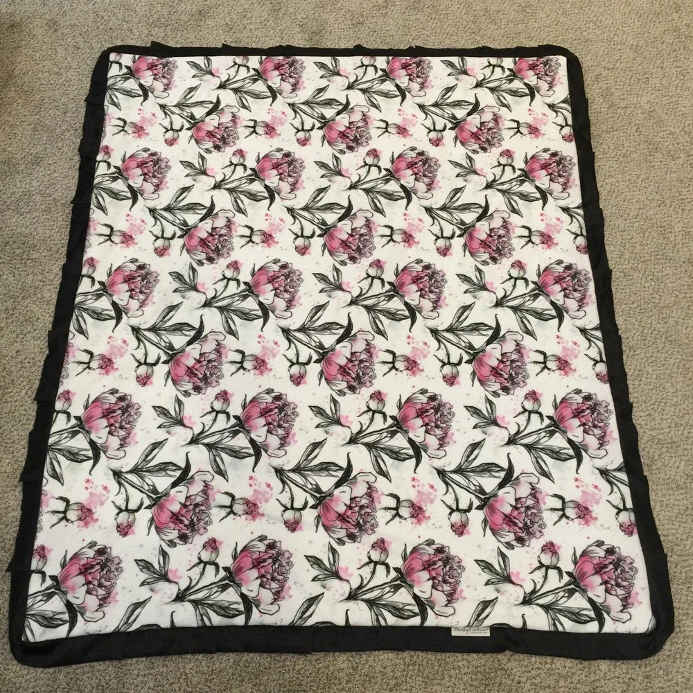 Minky Couture Blanket Adult 50x60 White Pink Peony Floral‎ Black Satin Trim